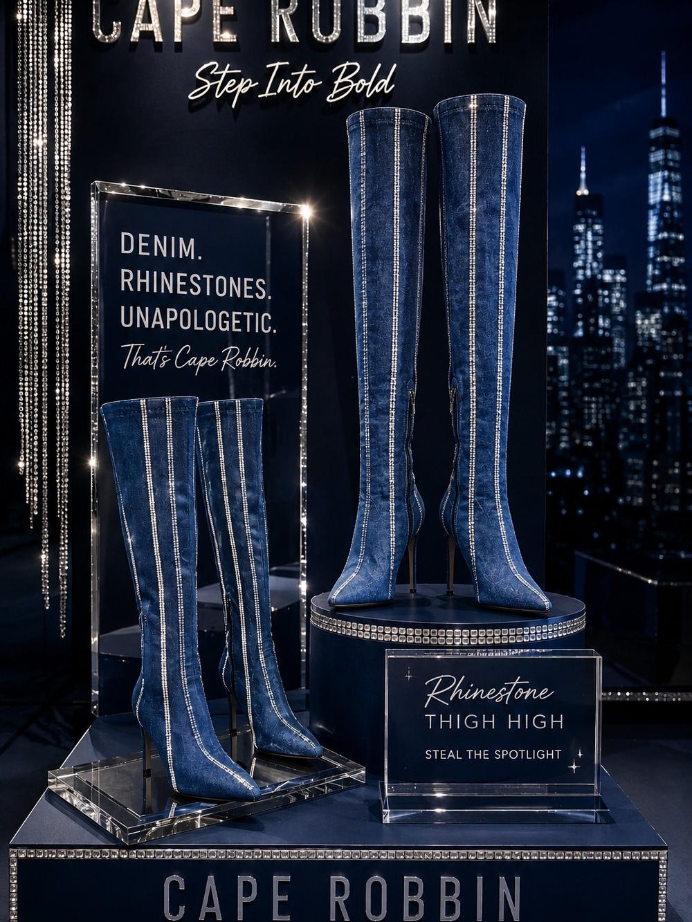 Hidenim Rhinestone Thigh High Stiletto Boots - Denim - Picture 3 of 9